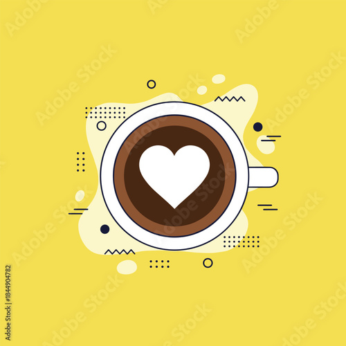 Coffee Cup with Heart Latte Art on Abstract Background.