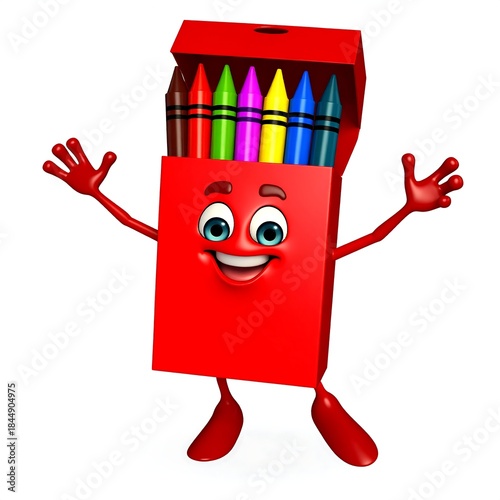 A vibrant red crayon box character with arms, legs, a face, and colorful crayons