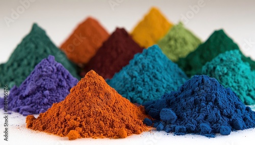 A close-up of colorful piles of powder against a white background
