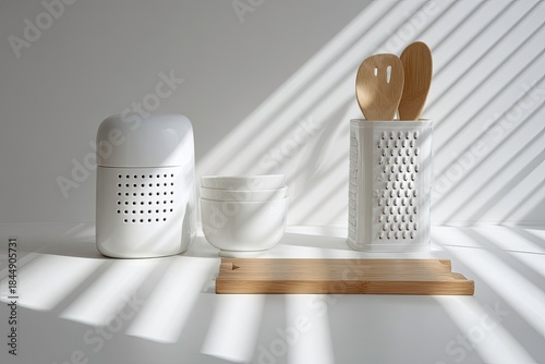 White kitchenware with wood elements in sunlit stripes