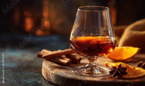 A glass of liquor with a cinnamon stick and an orange slice in front of it