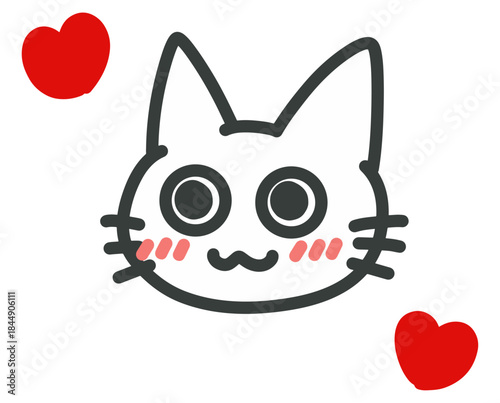 照れて顔を赤くする白猫とハートマークのイラスト