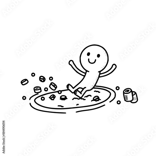 Cartoon character sitting in a puddle surrounded by bottle caps and a roll of toilet paper nearby