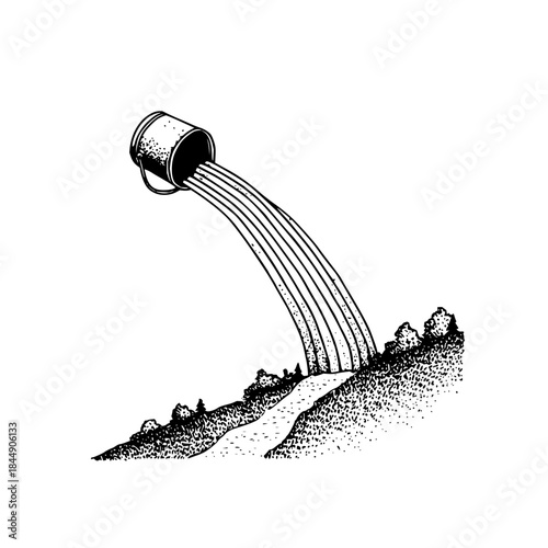 Illustration of a bucket pouring multiple lines onto a landscape with trees and a winding path, black and white