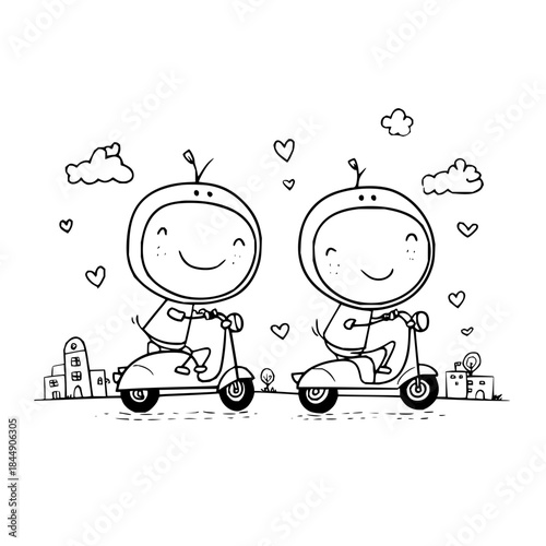 Two cartoon characters with helmets riding scooters in a city with hearts and clouds drawn around them