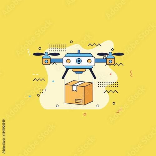 Delivery Drone Carrying Package in Modern Flat Design.