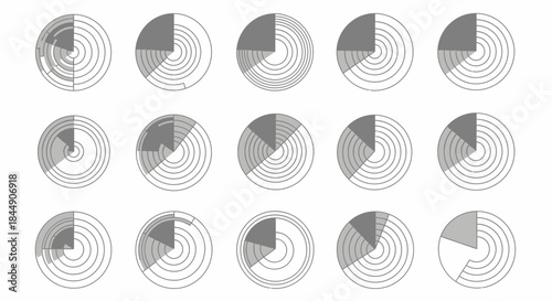 Collection of circular diagrams with percentage slices for data visualization