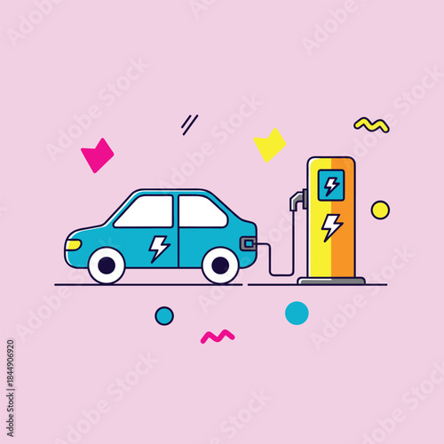 Electric Car Charging at Station Illustration with Lightning Bolt.