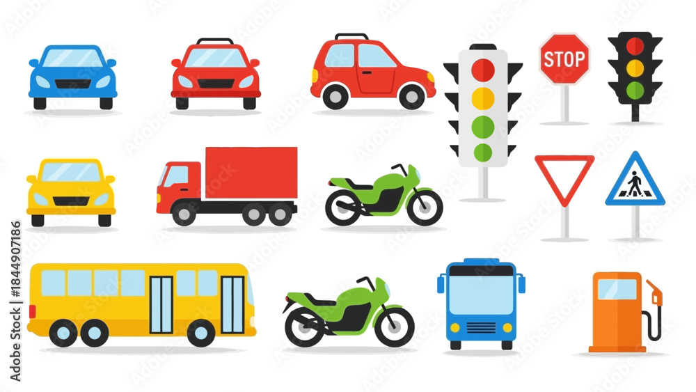 Fototapeta premium Colorful Flat Design Vector Illustration of Cars, Buses, Trucks, and Traffic Elements
