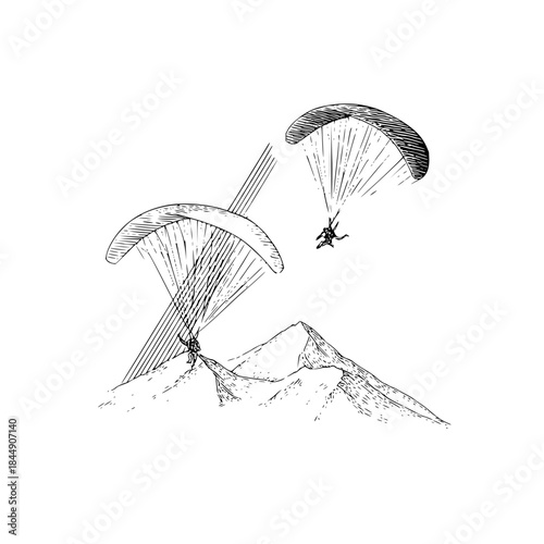 Two paragliders soaring above mountain peaks in a black and white sketch illustration with detailed lines