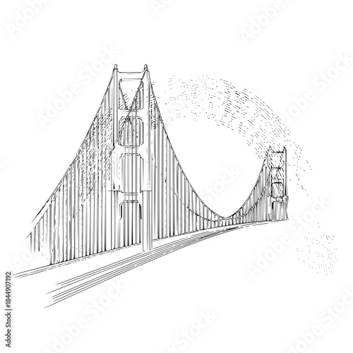 Detailed line drawing of a suspension bridge with visible towers and connecting cables spanning across water