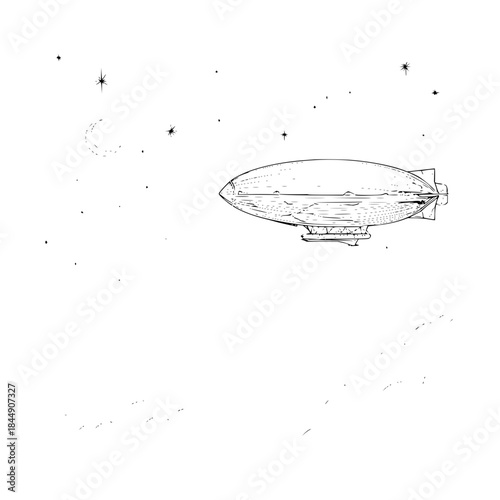 Illustration of a zeppelin airship flying in a night sky with stars and a crescent moon present above