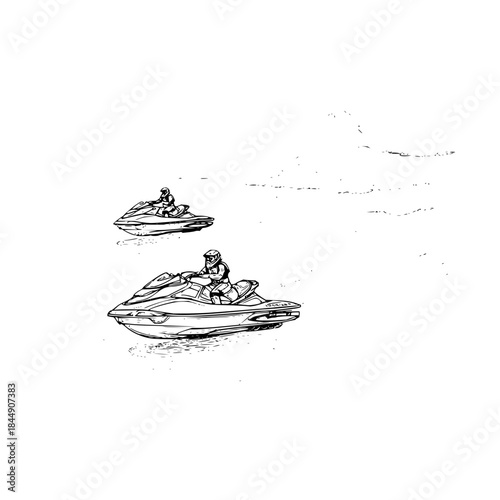 Two jet skis with riders wearing helmets speeding across the water in a black and white illustration