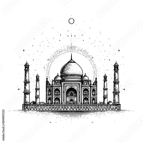 Detailed monochrome drawing of the taj mahal with celestial elements and intricate line work design style