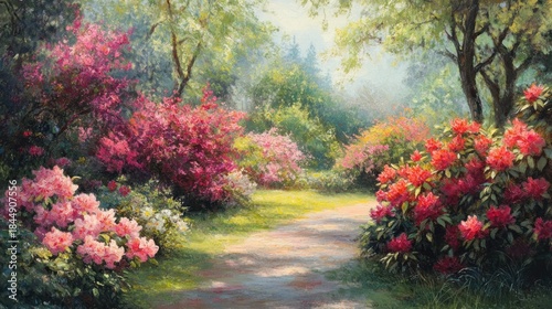 Rhododendron bushes exploding with vibrant pink and red blooms, bordering a serene garden path, rich textures