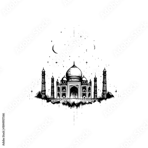 Illustration of the taj mahal at night with a crescent moon and stars in a black and white drawing