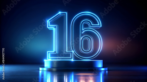 Bright neon number sixteen with glowing blue light effect on a minimalist dark stage with reflective floor creating a futuristic and energetic visual representation