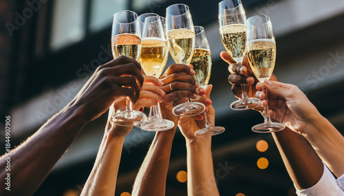 Raising glasses of champagne to celebrate a successful event or special occasion