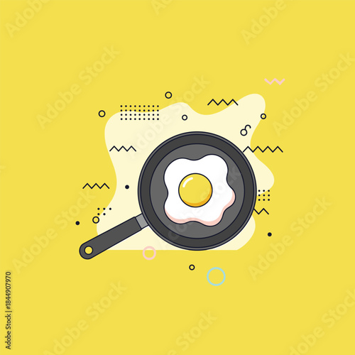 Fried Egg in a Pan Illustration on Yellow Background.
