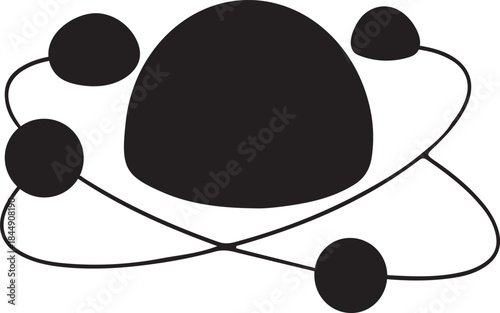 Vector silhouette of an atom model with orbiting particles. Clean, minimalist design for science, education, and technology. Represents fundamental atomic structure visually