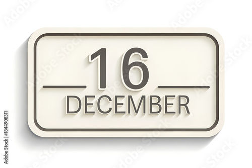 Minimalist calendar icon displaying the date 16 december in a clean modern design with subtle shadow effects isolated on a white background for digital or print use