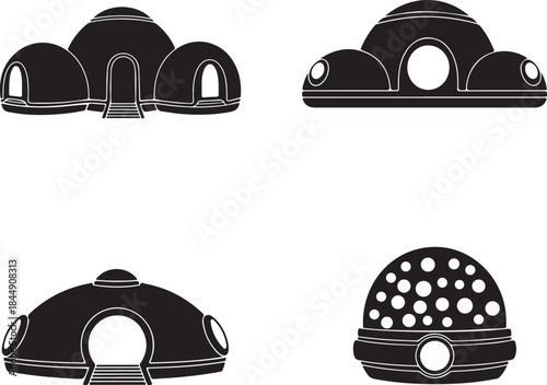 Futuristic dome architectural designs in bold black vector silhouette, perfect for innovative habitat concepts, modern building projects, and advanced housing solutions