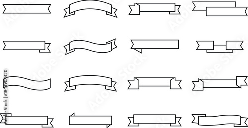 Ribbon banner black line icons set. Decorative strip silhouette, award tag signs, Vintage vectors illustration for project designs branding and presentation isolated on transparent background.