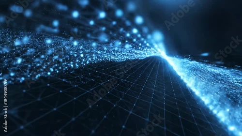 Abstract Blue Data Network - This video shows a dark background with an abstract network of interconnected blue dots and lines. The structure resembles a landscape made of data or energy.