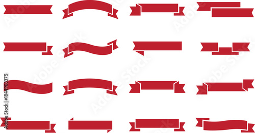 Ribbon banner red flat icons set. Decorative strip silhouette, award tag signs, Vintage vectors illustration for project designs branding and presentation isolated on transparent background.