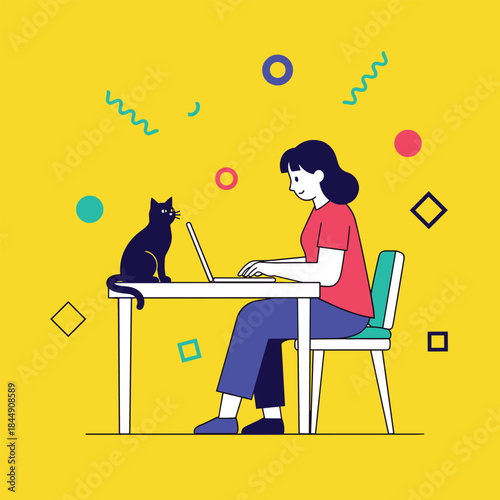 Woman working on laptop with cat companion at desk.