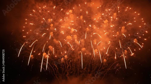 Spectacular Orange and Red Fireworks Exploding in a Dark Night Sky, Creating a Dazzling Display of Light and Celebration
