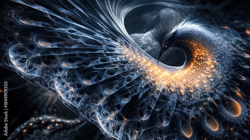 Lyrebird, its magnificent tail mimicking intricate, glowing fractal patterns, surreal mathematical art texture, soft, complex light