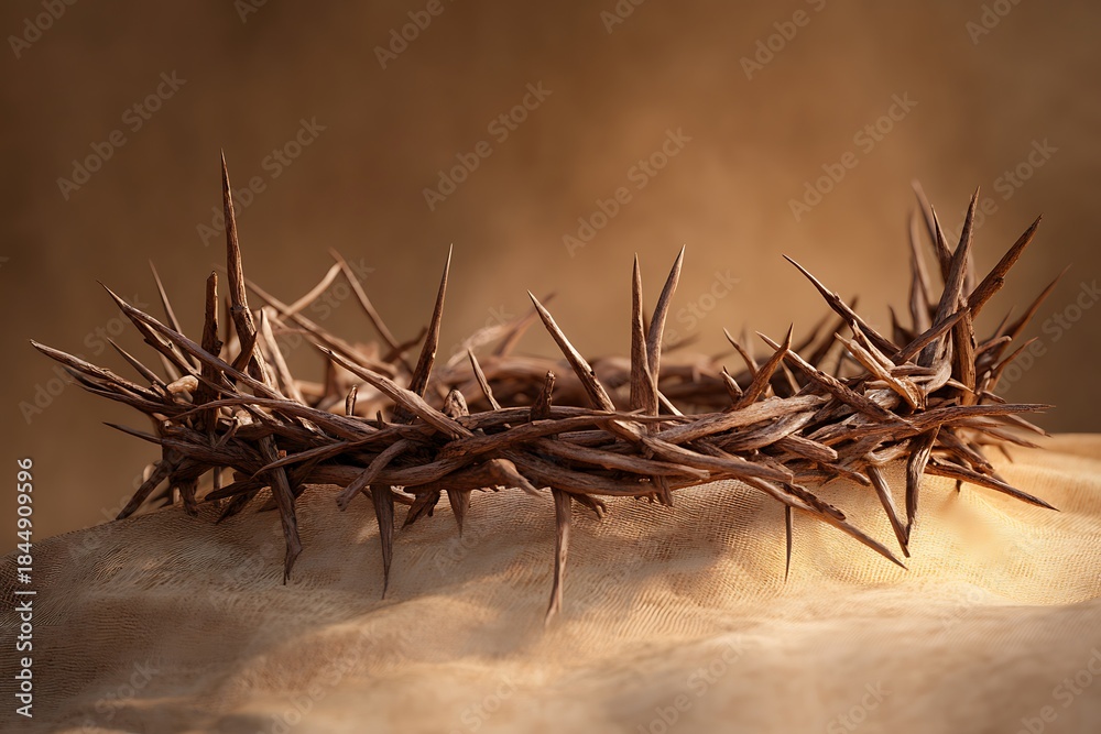 Fototapeta premium Crown of Thorns Symbolizing Easter and Christian Sacrifice Resting on Textured Cloth