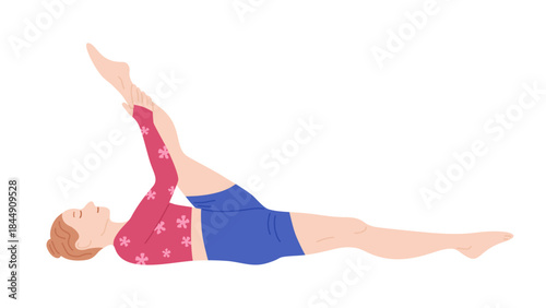 Woman practicing yoga and Pilates exercise cartoon illustration. Young girl leg muscle stretching relaxed pose. Healthy lifestyle fitness, wellness fitness woman meditation concept flat graphic style