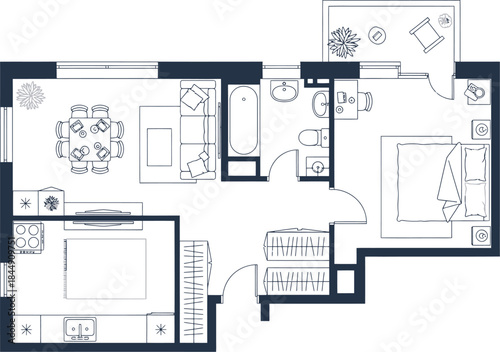 Detailed architectural blueprint of a contemporary one-bedroom apartment featuring open plan living