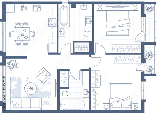 Detailed floor plan drawing for a modern two-bedroom apartment layout including furniture placement