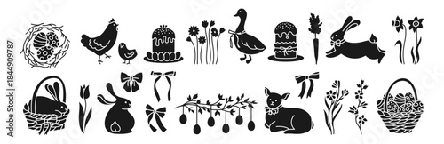 Easter elements black signs silhouettes set. Easter eggs, basket of eggs cakes, rabbit, chicken, goose lamb and flowers. Easter holiday scene festive. Cartoon childish vector for stamp stencil, press