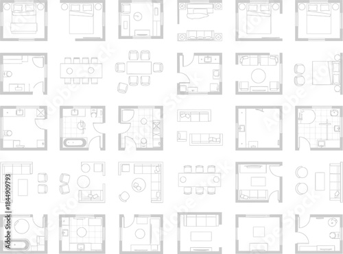 A collection of minimalist architectural floor plans for various rooms and small apartments