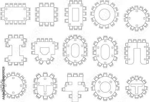 Diverse event and conference table configurations with different seating arrangements