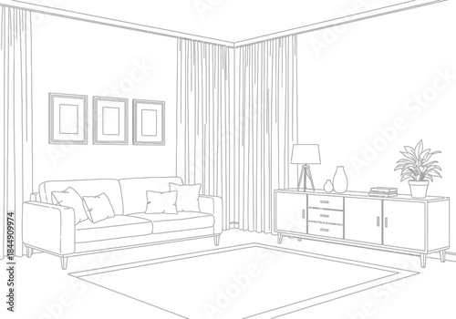 A detailed line drawing illustrating a modern living room setup with furniture and decor
