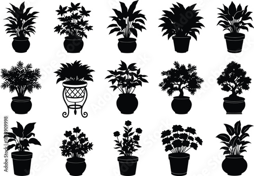A collection of black silhouettes featuring various potted houseplants and decorative indoor plants