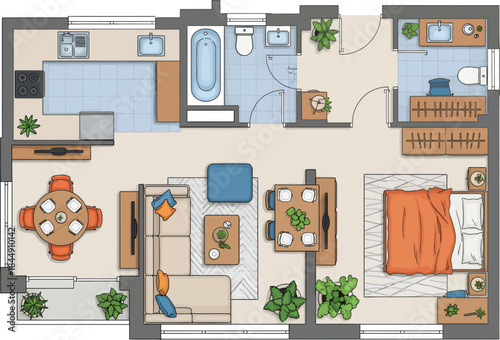 A detailed floor plan showing the layout of a modern apartment with open living spaces and multiple rooms