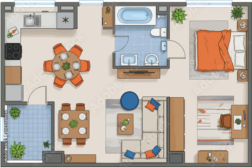 Detailed floor plan illustration of a modern one-bedroom apartment layout