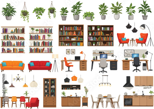 Detailed vector illustrations of various home and office furniture, plants, and interior decor items.
