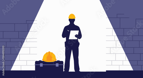 A skilled construction worker, illuminated by a bright spotlight, meticulously reviews plans on a clipboard, symbolizing diligent project oversight and safety.