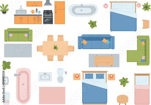 Top view flat icons of essential furniture and household items for interior design and floor plans
