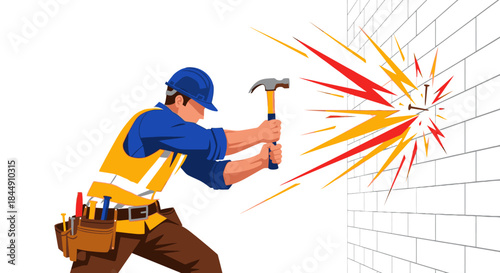 A focused construction worker in a hard hat and safety vest powerfully strikes a nail into a brick wall, demonstrating the force of impact.