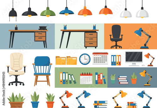 A collection of various office furniture and supplies for a modern workspace illustration set