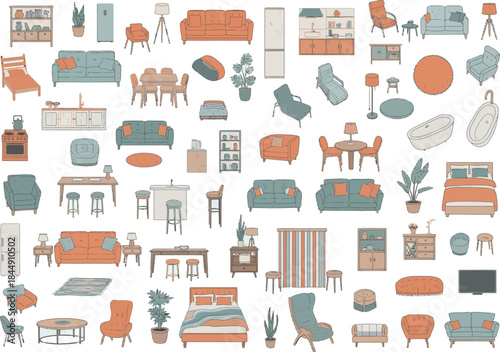 A large collection of various home furniture and decor items in a flat design illustration