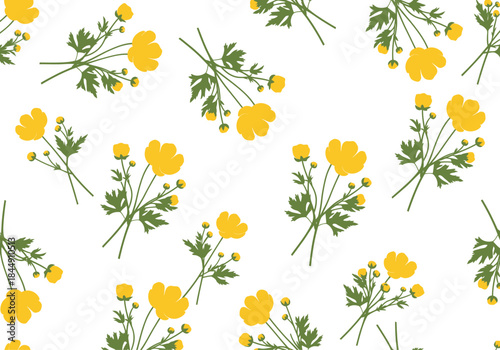 A beautiful seamless pattern featuring vibrant yellow buttercup flowers scattered across a pristine white background
